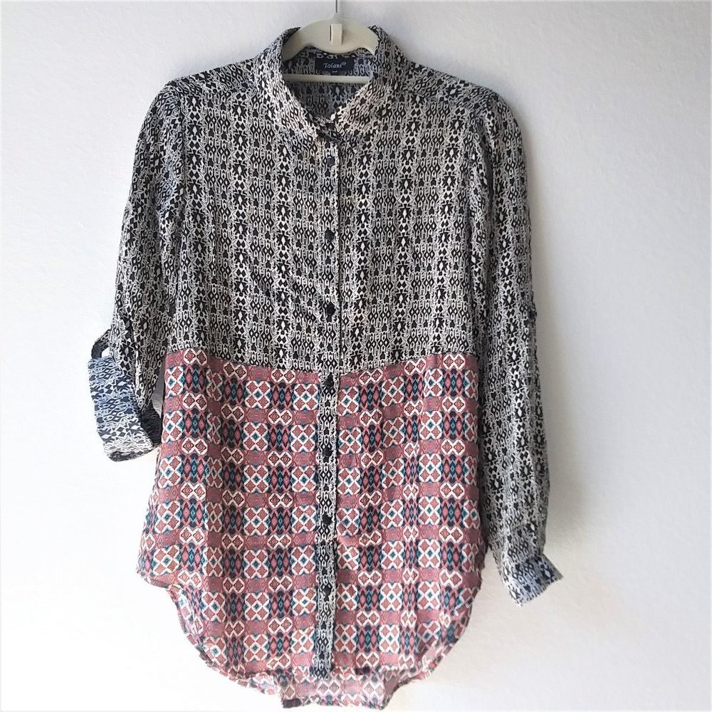 Tolani Blouse 100%‎ Silk Button Front Roll Tab Sleeve Top Womens XSMALL